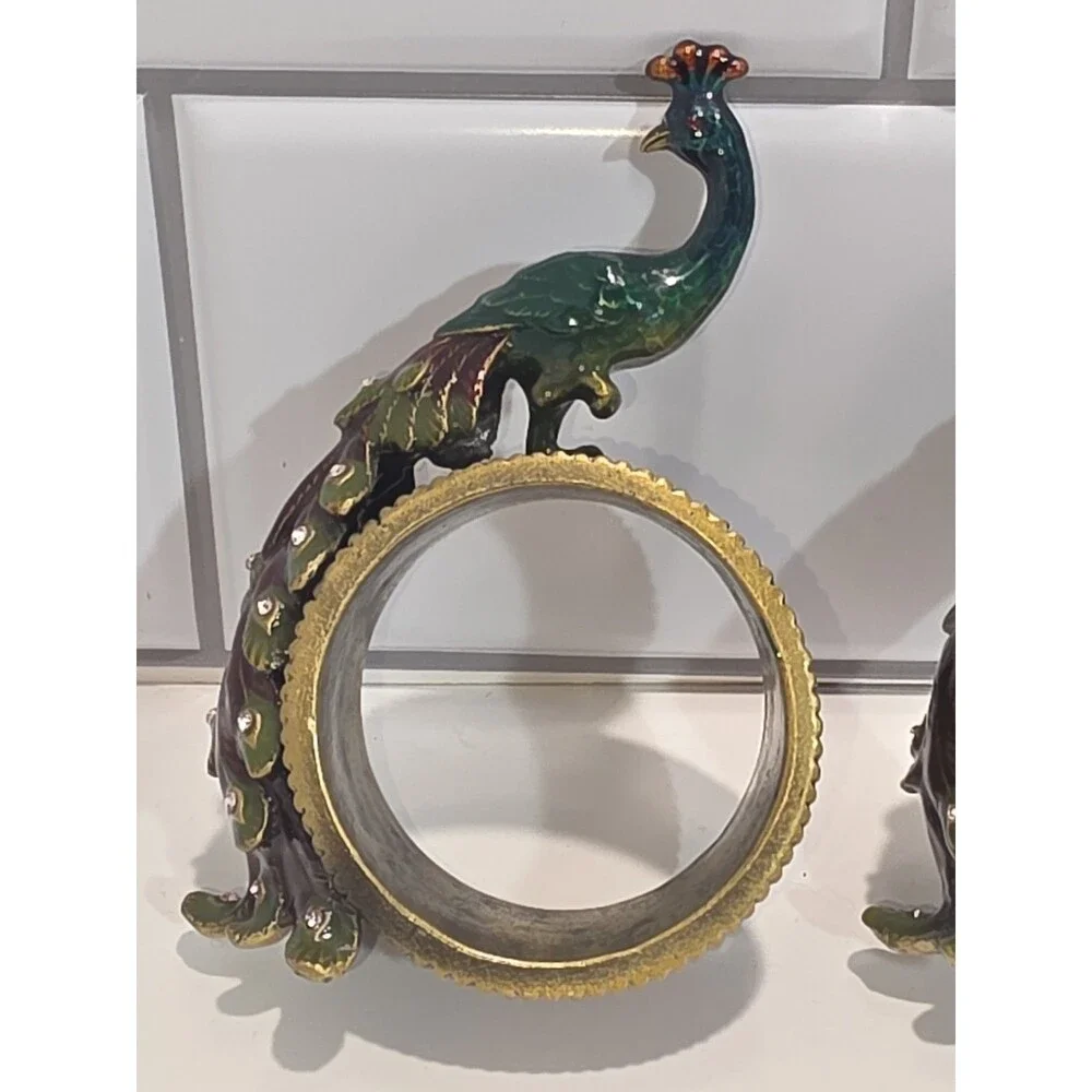 Peacock Enamel Napkin Ring Holders Brass Metal & Rhinestones set of 4